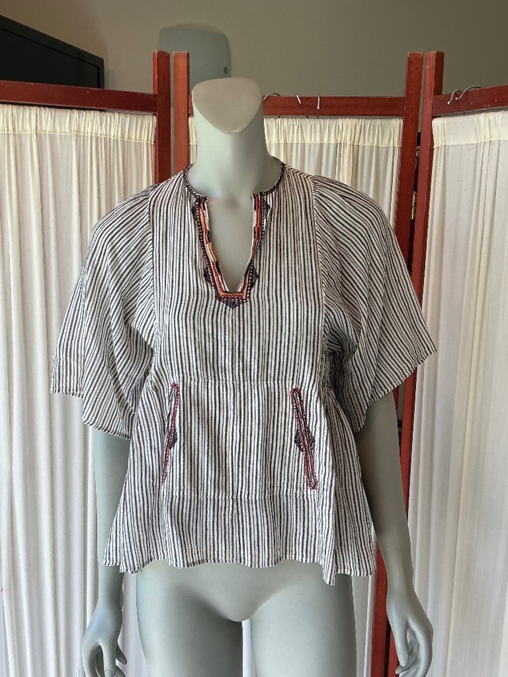 ISABEL MARANT ETOILE Women's Blue Striped Blouse With Embroidery Size 38/ Small